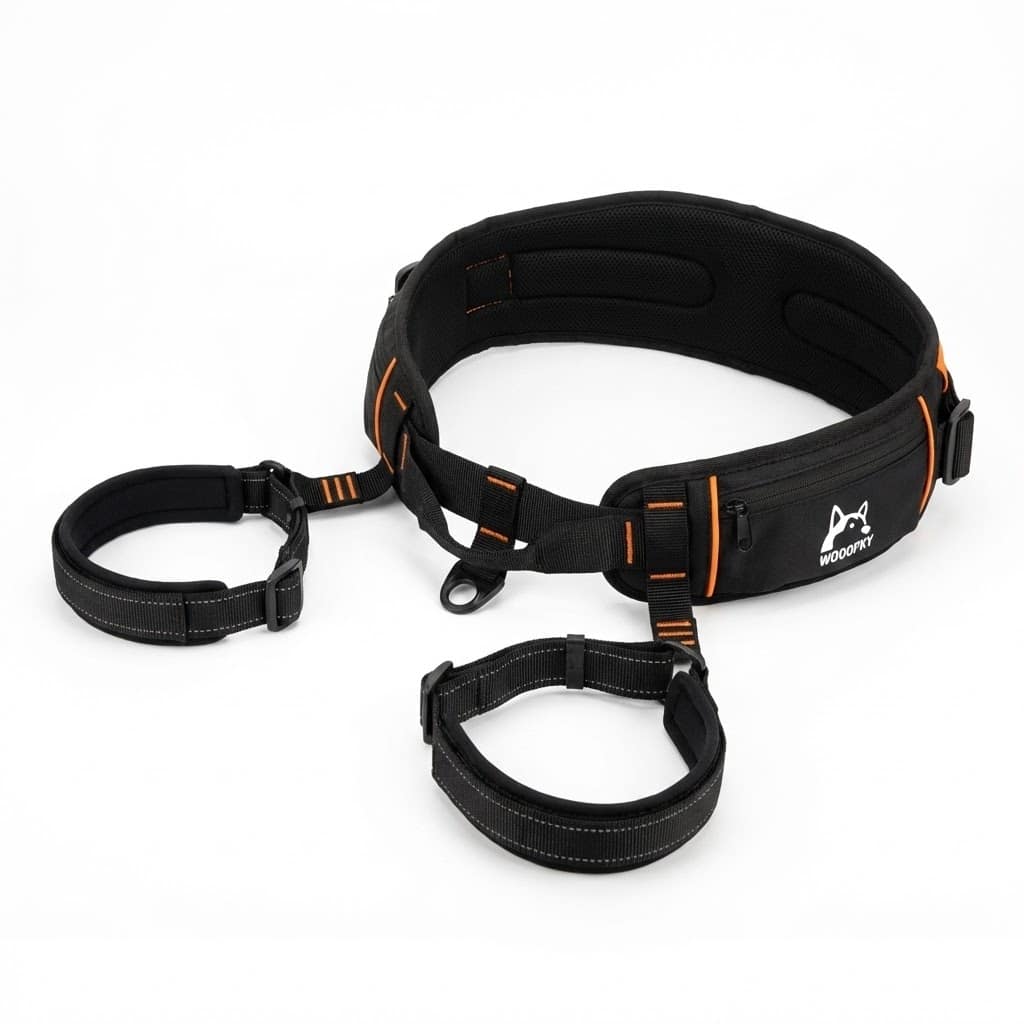 Ceinture de canicross technique noire et orange avec large bande lombaire, sangles de jambes amovibles et poche de rangement zippée.