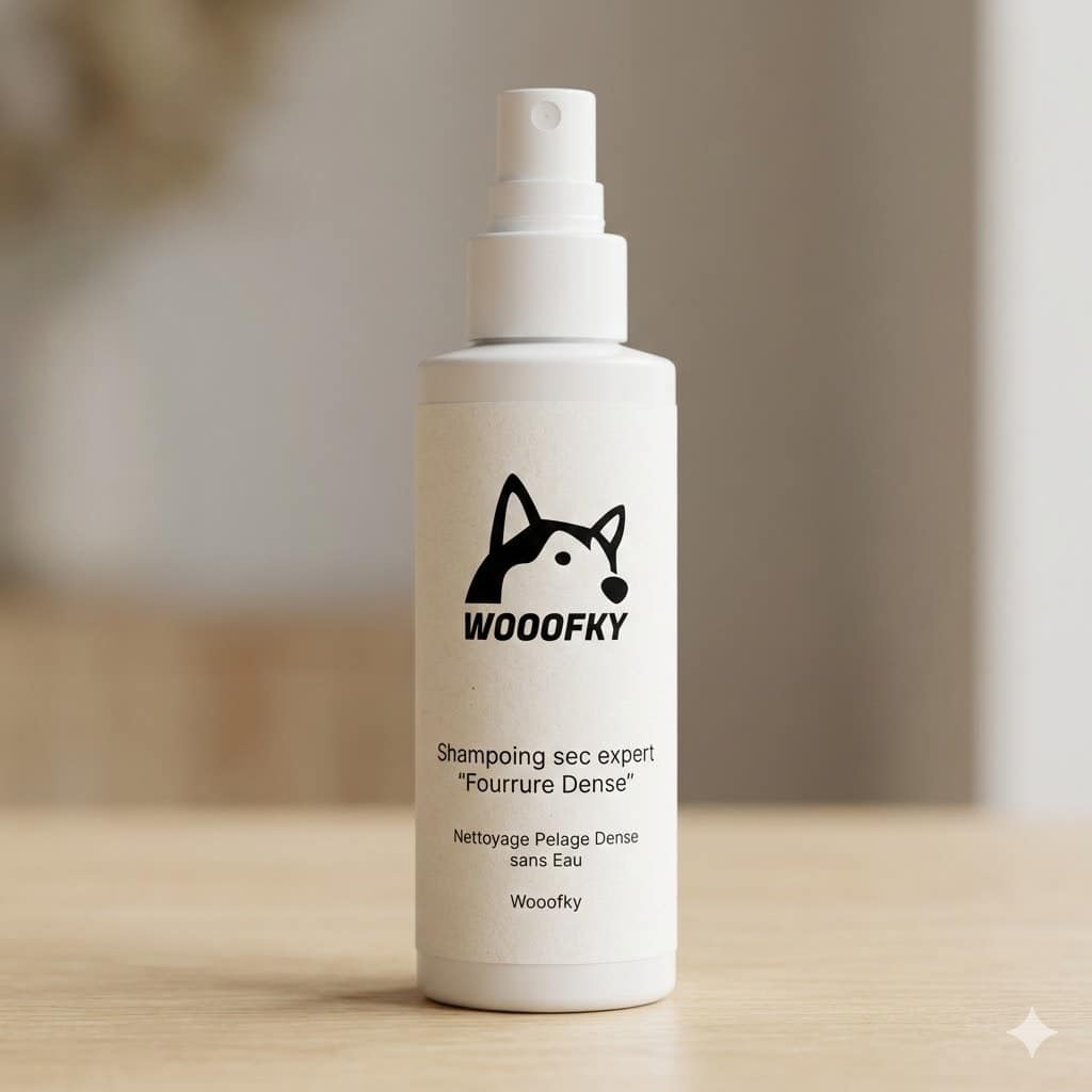 Flacon de shampoing sec expert Wooofky pour Husky, spécial fourrure dense,