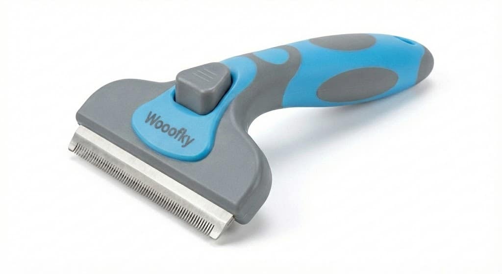 Brosse-râteau Furminator professionnelle Wooofky bleue et grise avec lame en acier inoxydable et bouton de rejet des poils sur fond blanc.