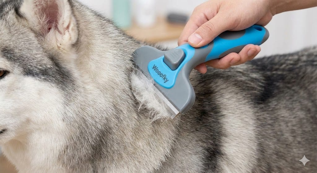 Gros plan d'une main utilisant la brosse-râteau Furminator Wooofky sur le pelage d'un Husky pour extraire le sous-poil mort.