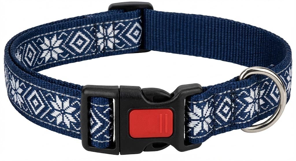 Collier pour Husky en nylon bleu avec motifs nordiques, fils réfléchissants et boucle de sécurité verrouillable.