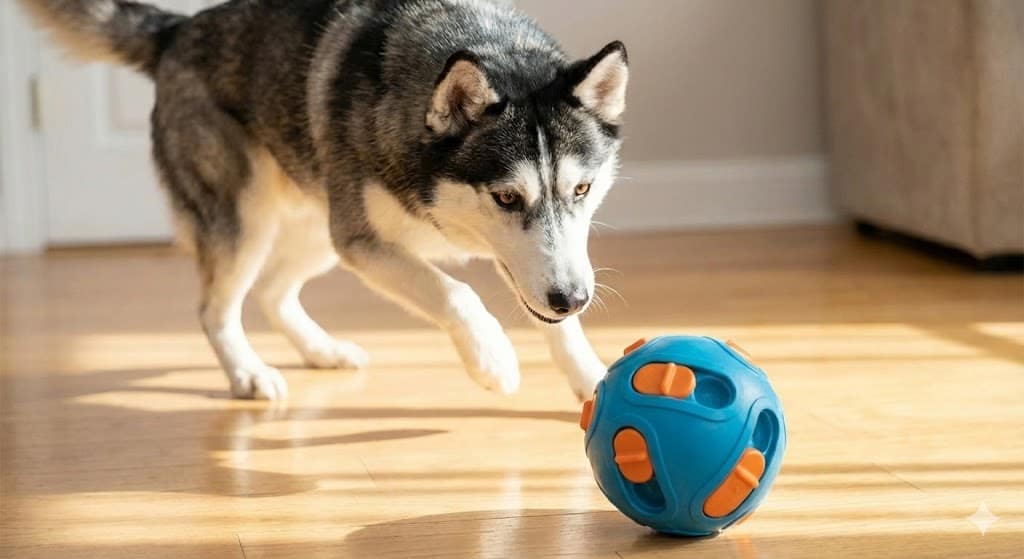 usky Sibérien courant vers son jouet distributeur de croquettes Wooofky bleu et orange, action de jeu et stimulation mentale en extérieur.