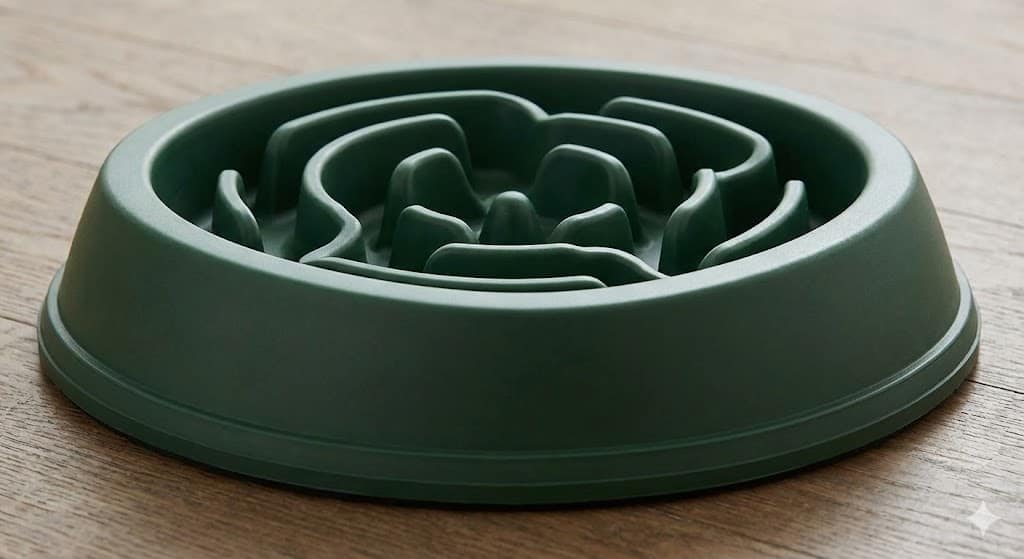 Gamelle anti-glouton ergonomique de couleur vert foncé avec labyrinthe interne pour ralentir les repas des chiens.