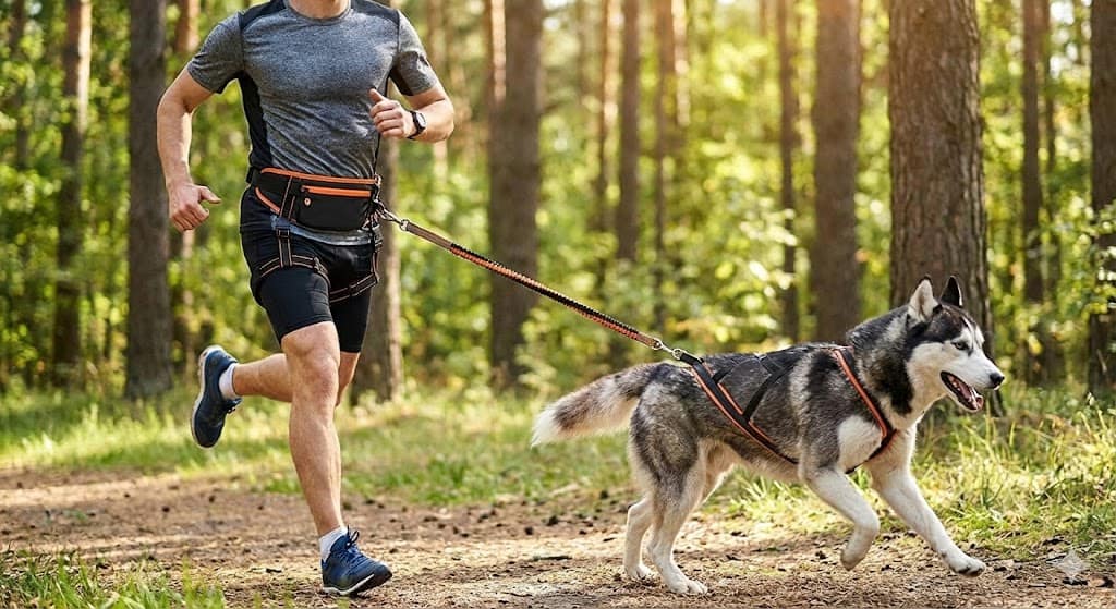 Homme pratiquant le canicross avec son chien Husky sur un chemin forestier, portant la ceinture de traction technique Wooofky.