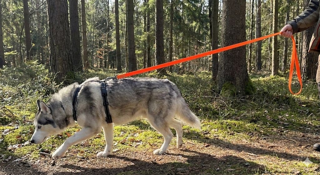 Husky en train de pister en forêt, attaché à une longue longe orange fluo de 10 mètres tenue par un promeneur, offrant une semi-liberté sécurisée.