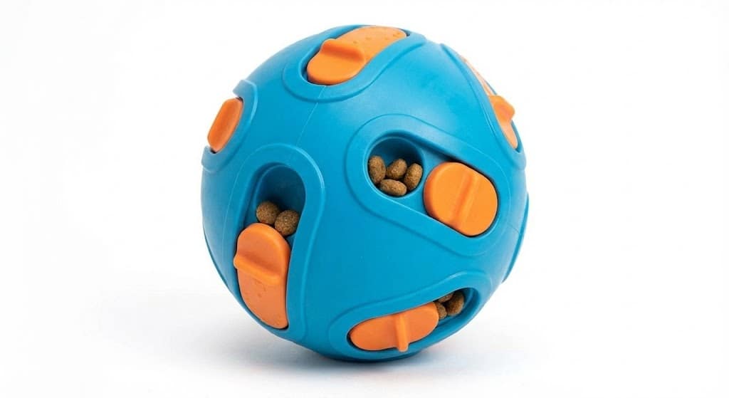 Jouet d'occupation Wooofky bleu et orange, distributeur de croquettes robuste avec difficulté ajustable pour Husky et grands chiens.