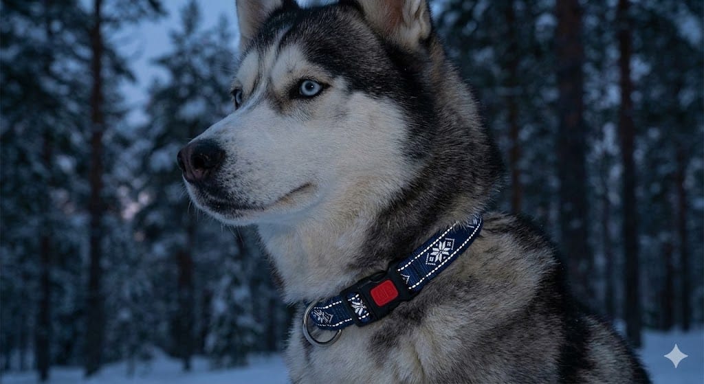 Husky avec collier réfléchissant bleu "Nordic Style" dans une forêt de sapins enneigés à la tombée de la nuit.