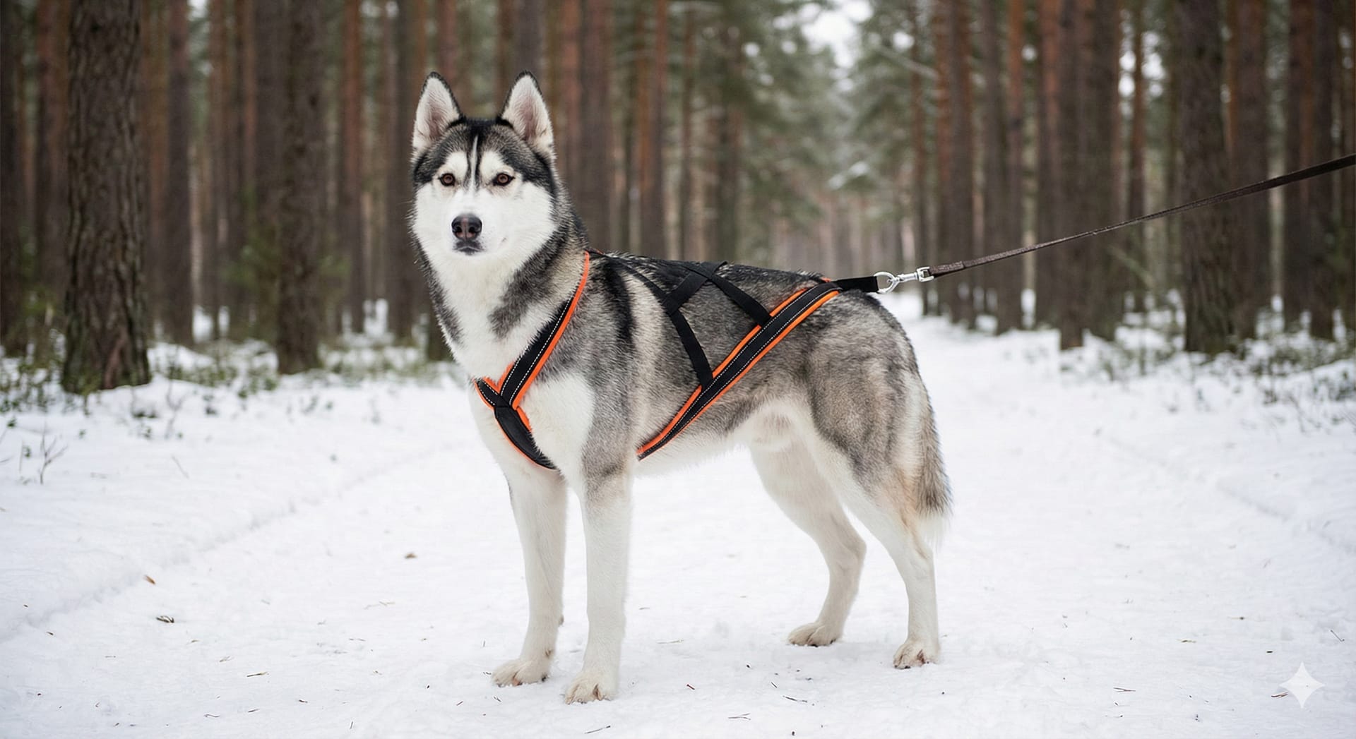 usky Sibérien portant un harnais de traction professionnel X-back noir et orange dans une forêt enneigée, équipement de canicross Wooofky.