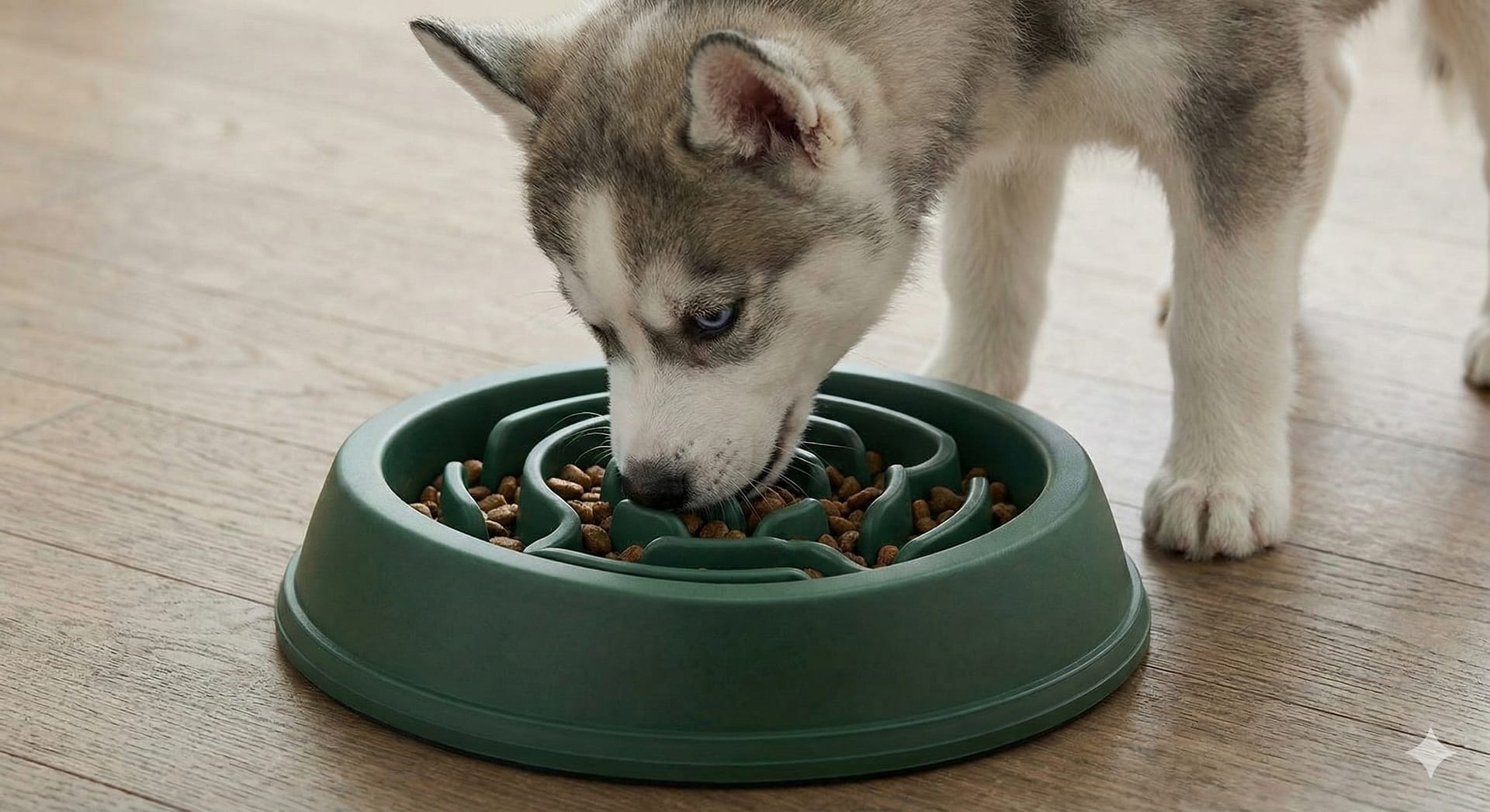 Chiot Husky sibérien aux yeux bleus mangeant des croquettes dans une gamelle anti-glouton verte sur un sol en bois.