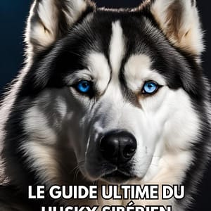 Couverture Guide Ultime Husky Sibérien - Portrait majestueux chien yeux bleus sur fond sombre