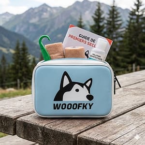 Trousse de secours pour Husky Wooofky bleue et blanche en extérieur avec vue sur les montagnes.
