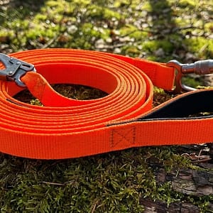 Longe de pistage fluorescente orange de 10 mètres, enroulée sur un tronc d'arbre moussu en forêt, avec mousqueton métallique robuste et poignée rembourrée.