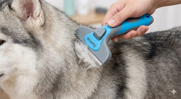 Gros plan d'une main utilisant la brosse-râteau Furminator Wooofky sur le pelage d'un Husky pour extraire le sous-poil mort.